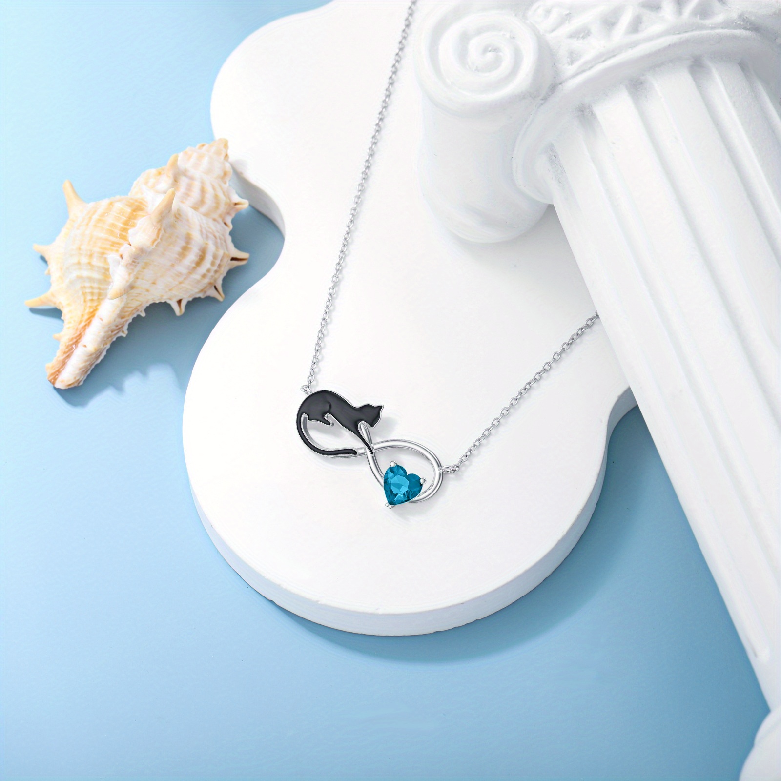 Women's Black Cat Birthstone Necklace, 925 Sterling Silver